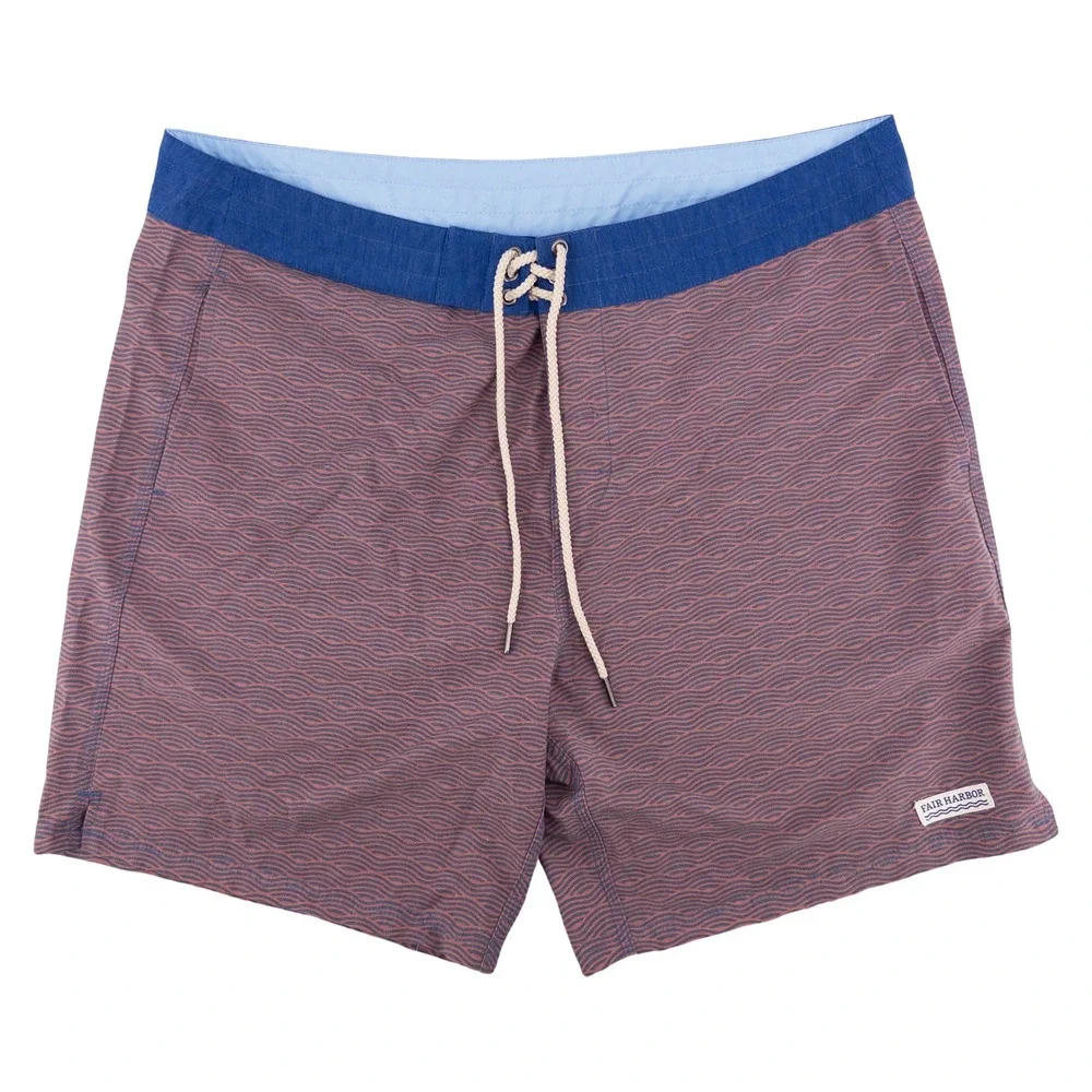 Fair Harbor Mens 38 Board Shorts Red Blue Wave Pattern Stretch Swim Trunk Summer